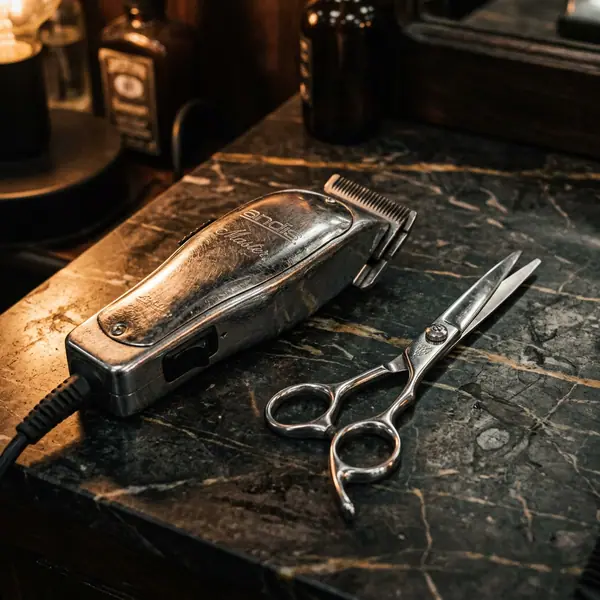 Professional hair clippers and scissors on a marble barbershop counter