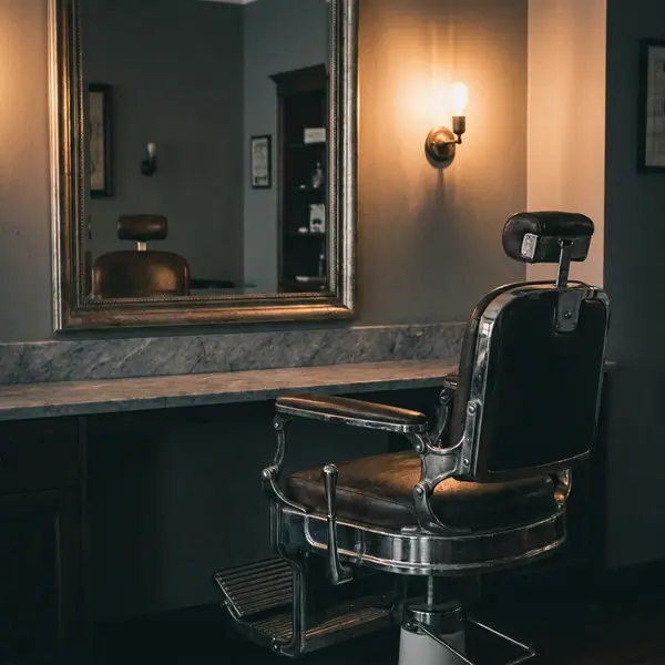 Classic leather-and-chrome barber chair beside a marble counter