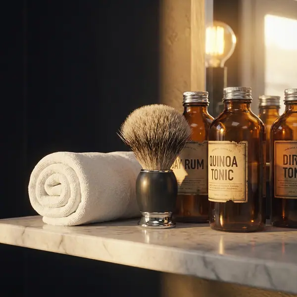 Rolled hot towel, shaving brush and glass tonic bottles on a shelf