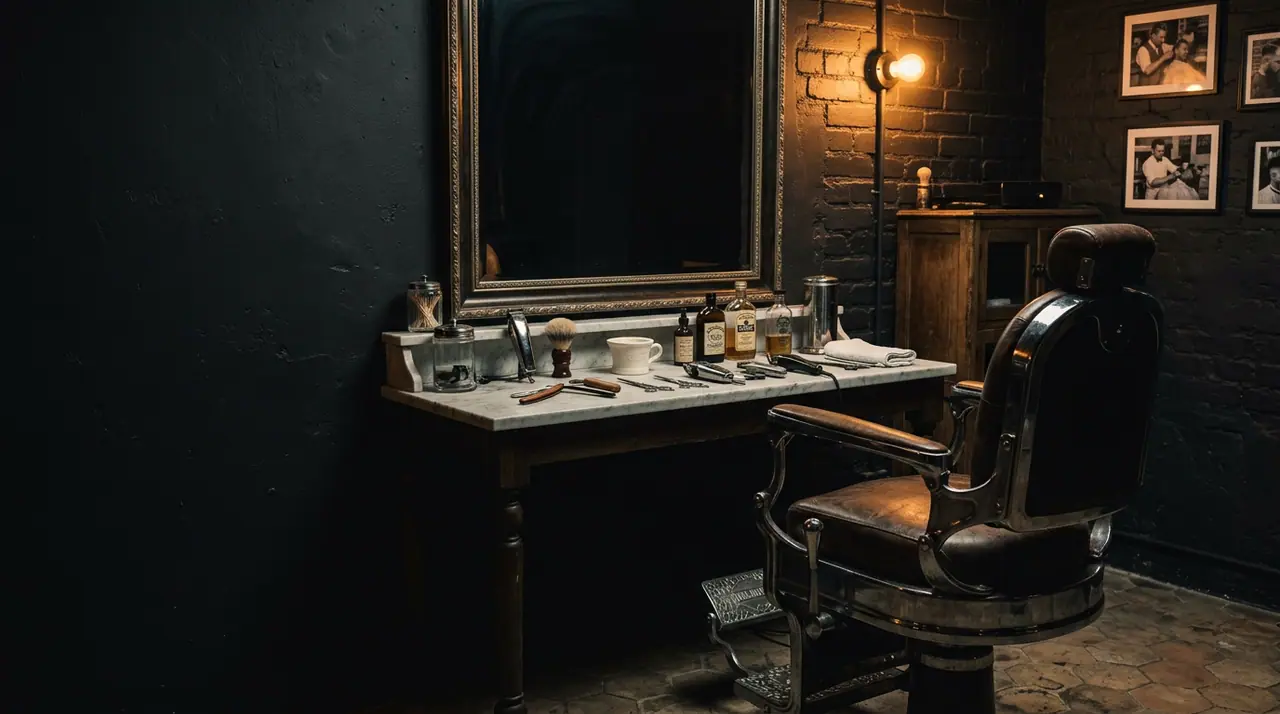 Vintage barbershop interior with a leather-and-chrome chair and marble counter under a warm bulb