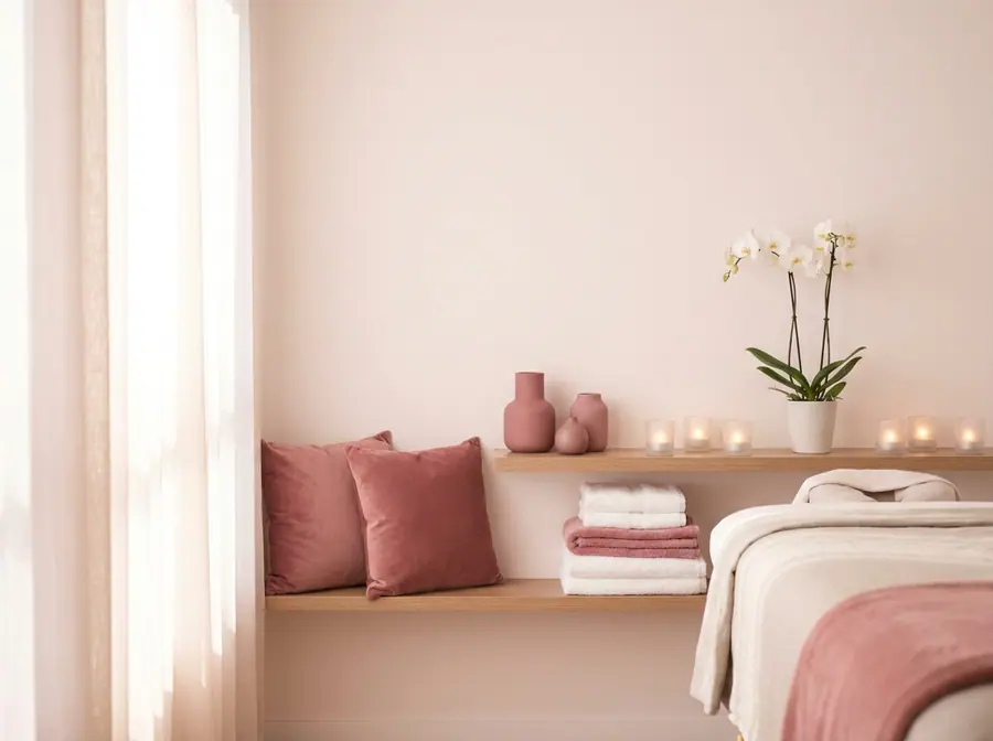 Calm boutique spa interior corner with towels, candles and orchids in soft window light