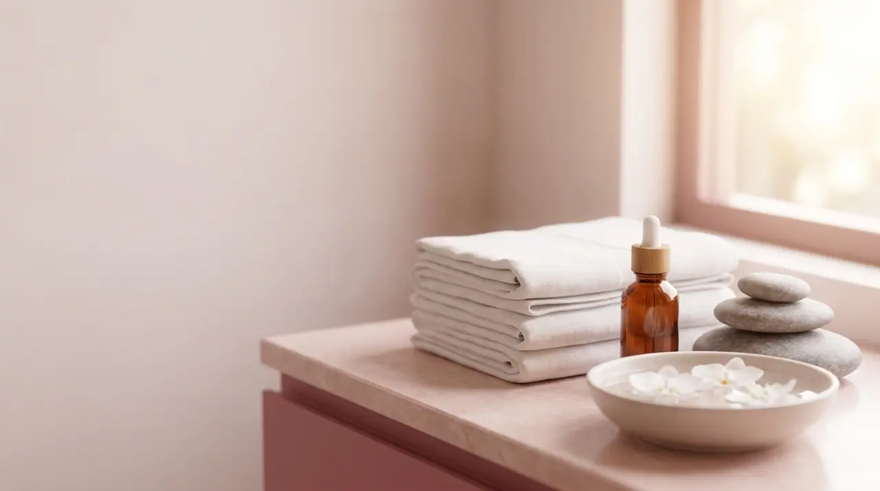Serene spa still-life with folded towels, a dropper bottle, stones and orchids in soft light