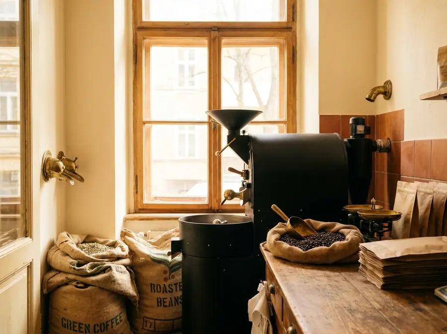 Small-batch coffee roastery corner with a drum roaster and burlap sacks of beans in warm light