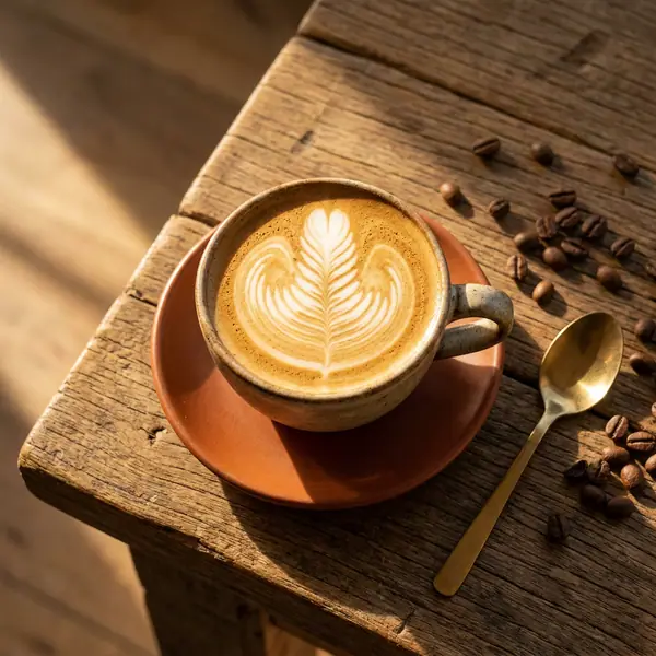 Overhead of a flat white with latte art in a ceramic cup on a timber counter
