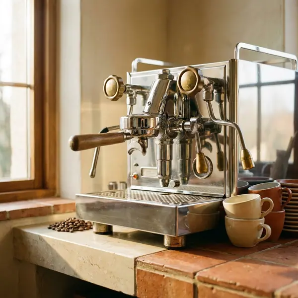 Polished chrome espresso machine with a locked portafilter on the café counter