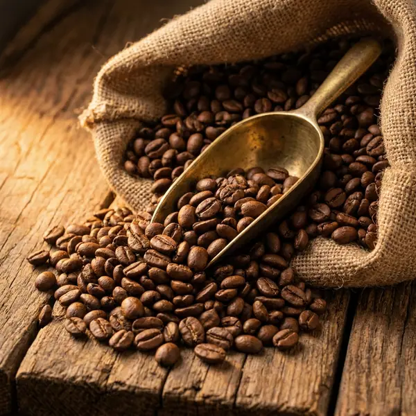 Freshly roasted coffee beans spilling from a burlap sack with a brass scoop