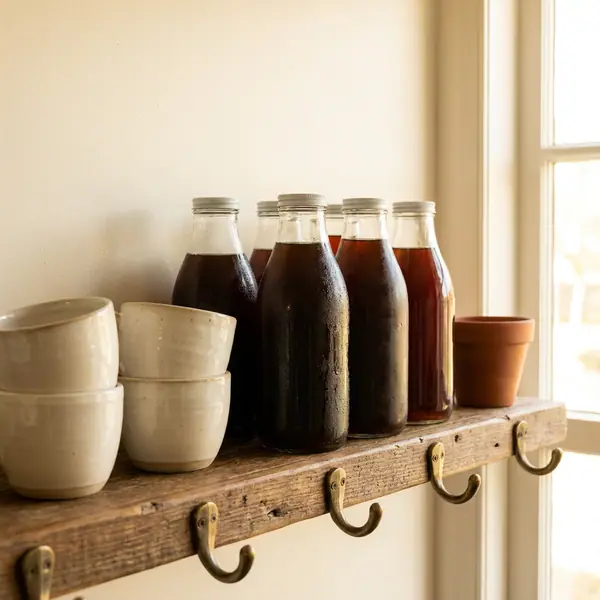 Glass bottles of cold brew beside stacked ceramic cups on a timber shelf