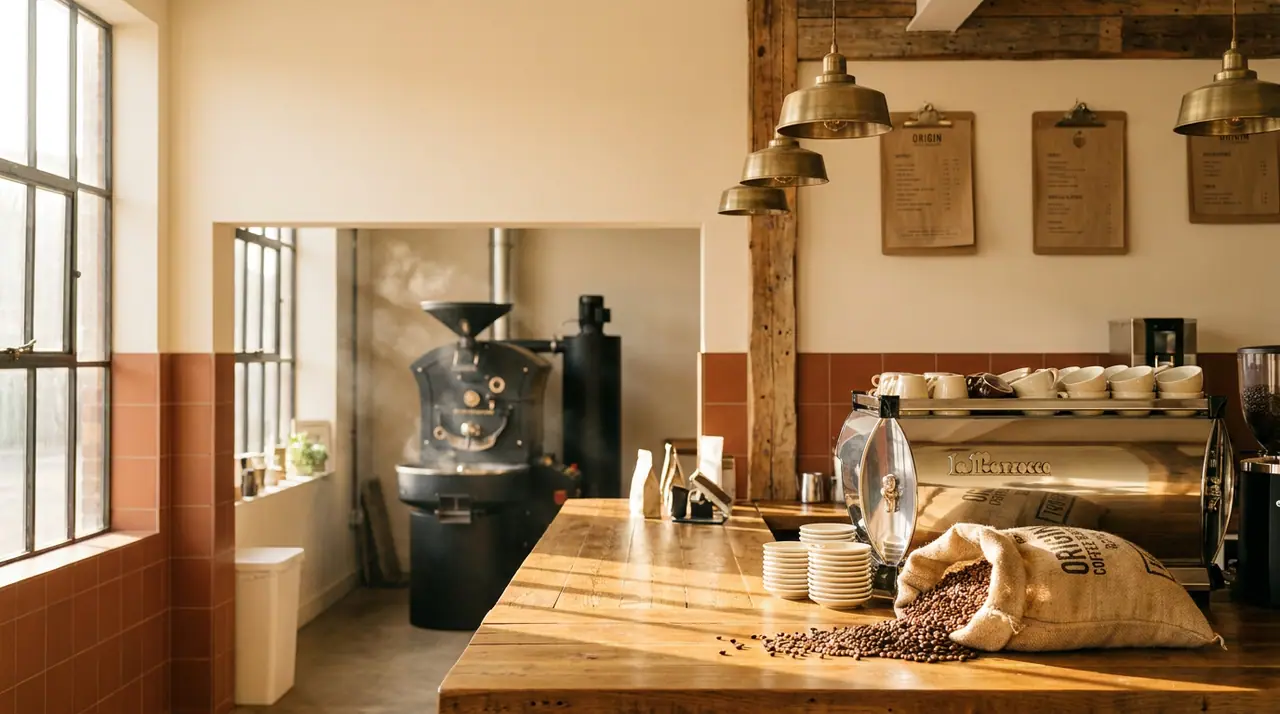 Sunlit interior of an artisan coffee shop and roastery, a chrome espresso machine and stacked ceramic cups on a timber counter in warm morning light