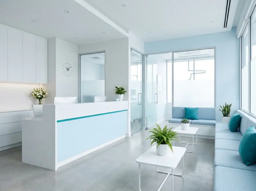 Modern dental clinic reception desk and calm waiting area in bright daylight