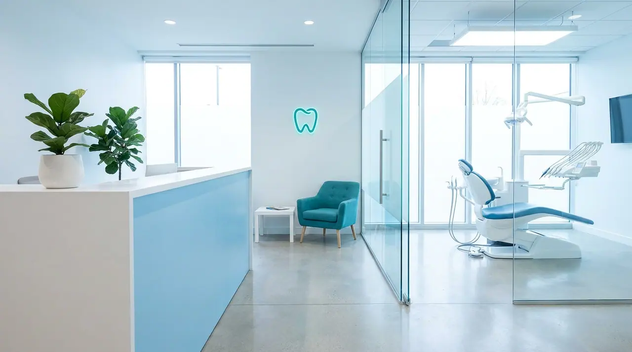 Calm modern dental clinic with white and sky-blue surfaces and a teal accent in bright daylight