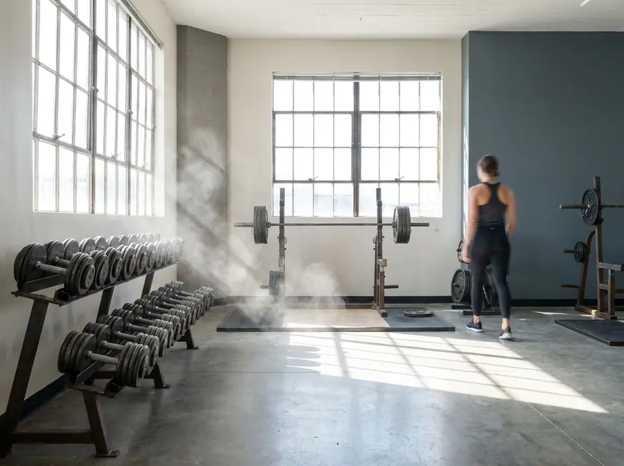 Strength gym interior with dumbbells, a barbell and chalk dust in bright light