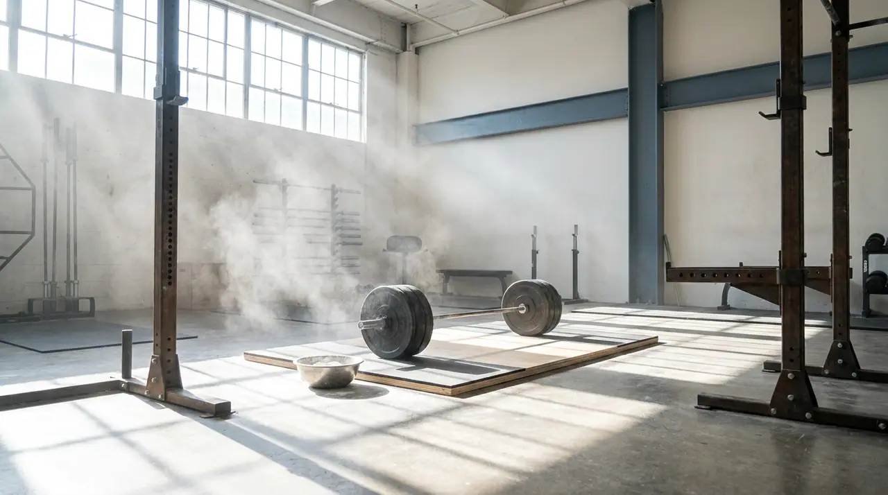 Raw strength gym in bright daylight with a loaded barbell, chalk dust and concrete floor