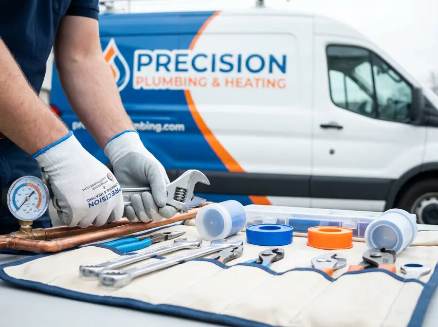Plumber fitting a copper pipe with a wrench beside a pressure gauge and a branded work van