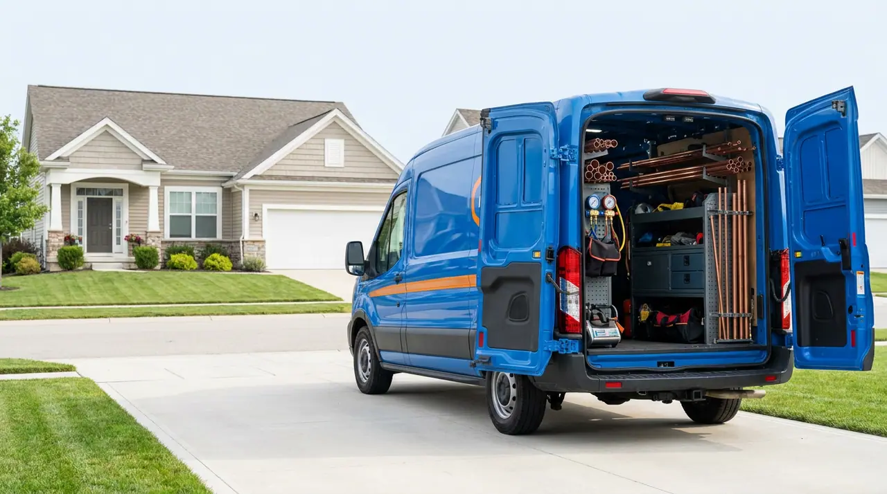 Tidy trade-blue plumbing van with rear doors open showing organised copper pipe and tools, parked on a clean driveway in bright daylight