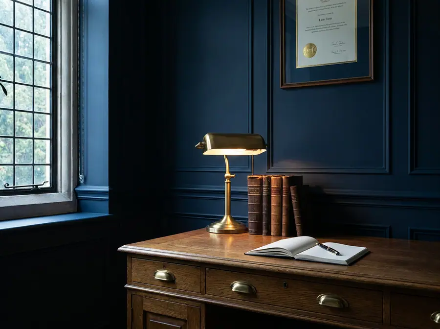 Law-firm office detail: oak desk with leather-bound books, a brass lamp and a fountain pen
