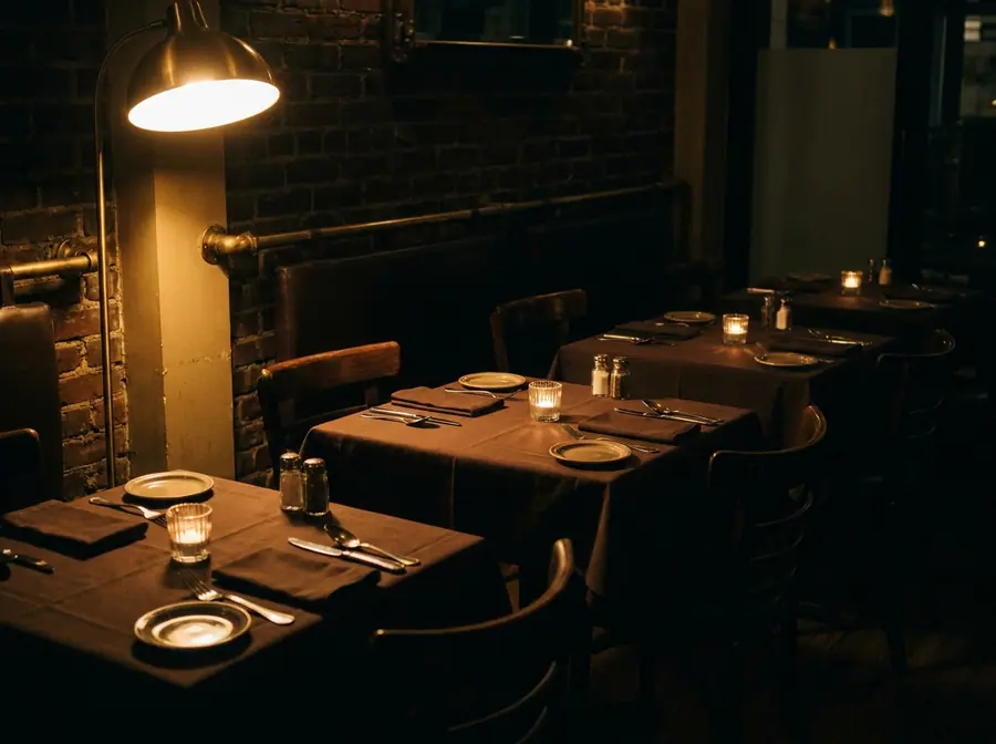 Warm, moody bistro dining room at night with set tables, dark linen and candlelight