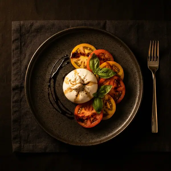 Plated burrata and heirloom tomato starter on a dark ceramic plate
