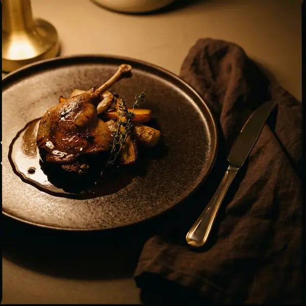 Plated duck confit main with jus on a dark ceramic plate