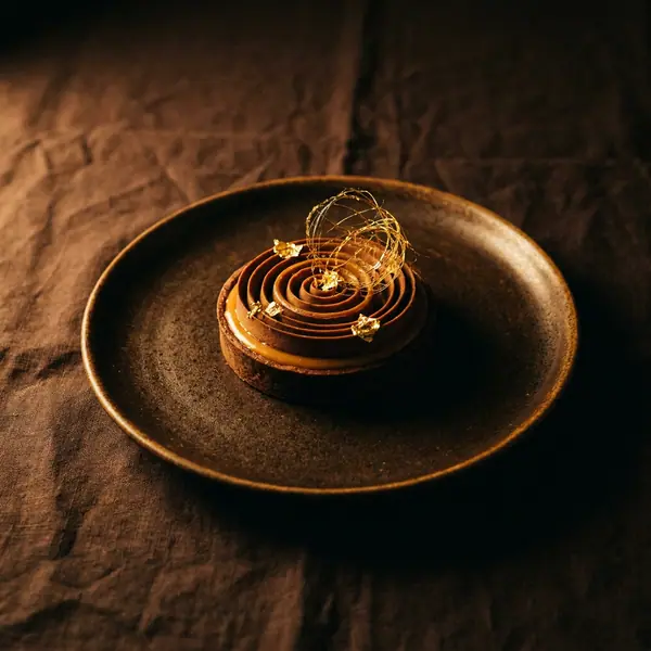 Plated dessert tart with a gold garnish on a dark ceramic plate