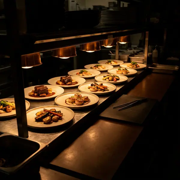Restaurant kitchen pass with finished plates under a warm heat lamp