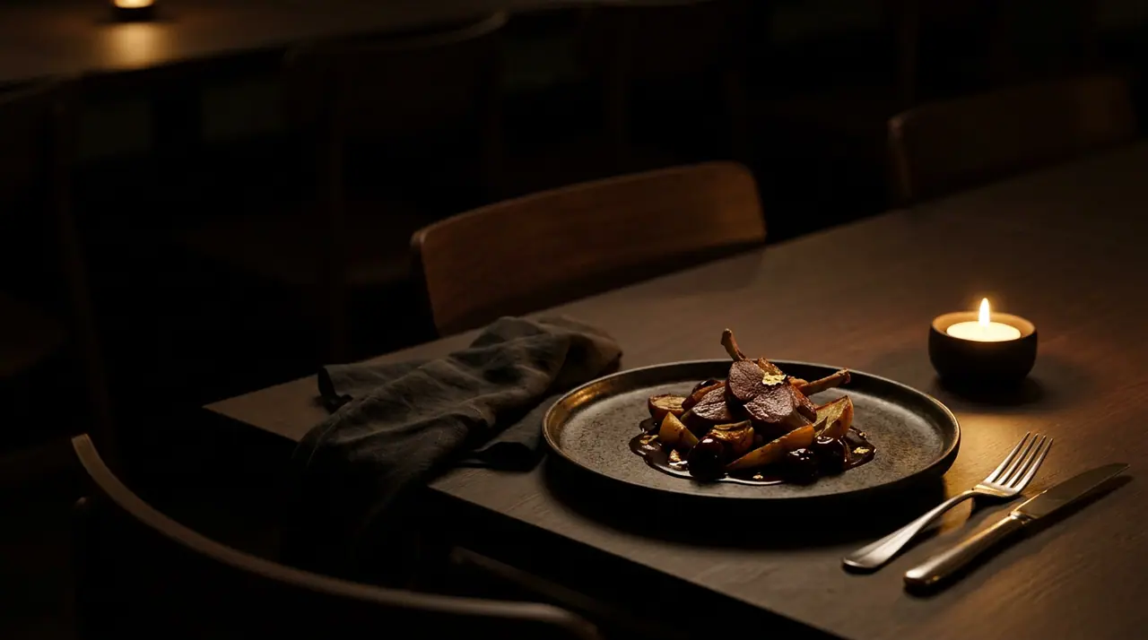 Candle-lit fine-dining tabletop at night, a plated seasonal dish on dark ceramic with polished cutlery